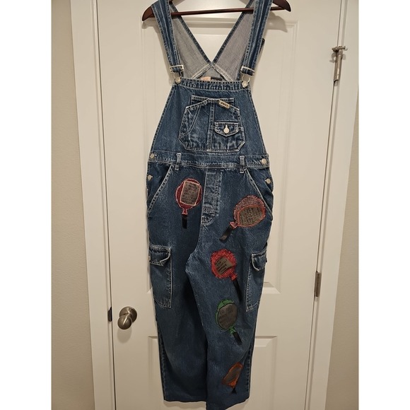Sasson Jeans Pants - Vintage Sasson Denim Overalls Women's Medium Blue Custom Patches Cropped BOHO
